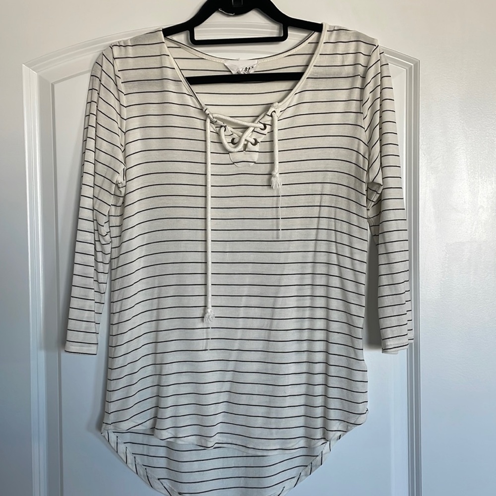 White and black striped lounge shirt, size medium